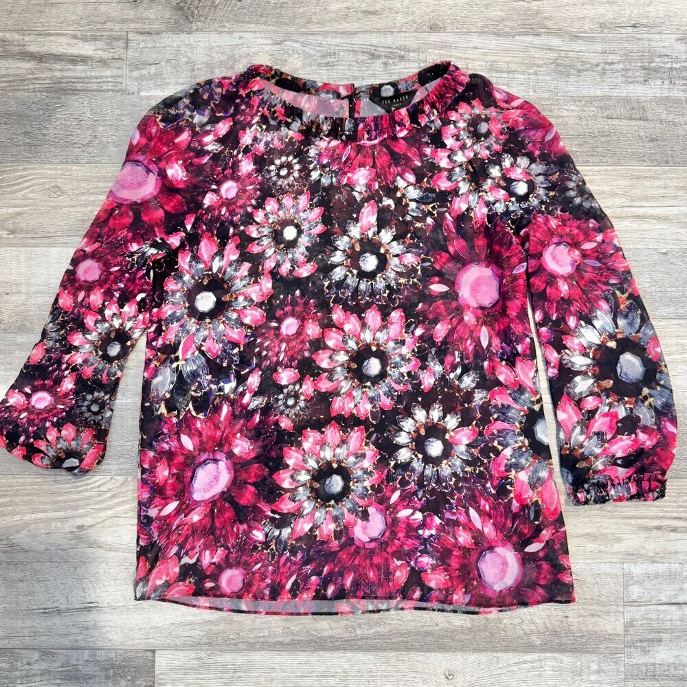 Ted Baker floral semi-sheer 3/4 sleeve blouse size 2 B31